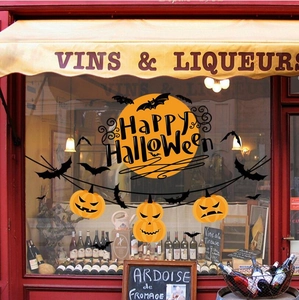 Halloween pumpkin wall stickers with moon and bats for festive home glass decoration