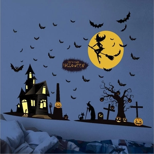 Halloween wall sticker set with witch, castle, bats and moon on dark blue wall