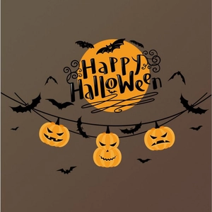 Halloween wall sticker with Happy Halloween text, orange moon, bats and hanging pumpkins