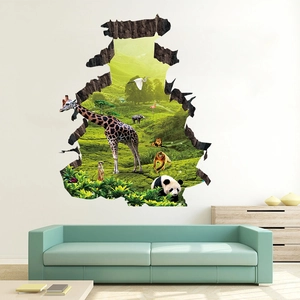 3D Broken Wall Animal Sticker PVC Waterproof Decal For Kids Room Living Room Home Decor Giraffe Panda Lion Pattern Decal