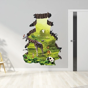 3D wall sticker featuring giraffes and pandas emerging from a green valley forest scenery