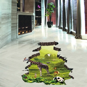Detail showing 3D wildlife floor sticker with realistic animals and broken floor effect