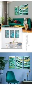 Detailed views of emerald green and gold fluid abstract wall art in modern room settings