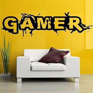 Gamer wall decal with black crackle text on a yellow background for living room decor