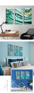 Three-piece abstract wall art set with green and gold fluid marble texture in home settings