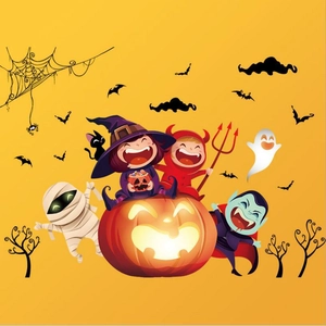 Cartoon Halloween wall stickers with cute witch, vampire, and ghost on orange background