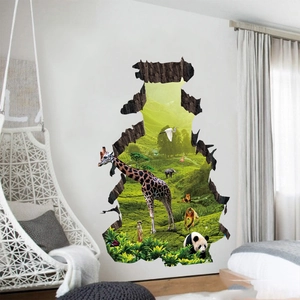 3D wall sticker with giraffe and panda animal landscape in cracked wall design for bedroom