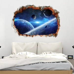 3D outer space wall decal with planets and stars on a realistic broken wall for bedroom decor