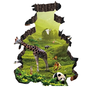 3D broken wall sticker with giraffe and panda landscape scenery for bedroom decor