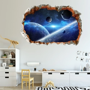 3D outer space wall sticker featuring realistic broken wall effect and cosmic galaxy planets