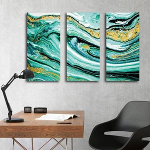Three-piece modern abstract wall art with green marble texture and gold foil accents