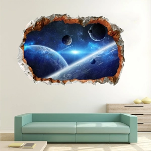 3D outer space planet wall sticker with broken wall effect in a modern living room