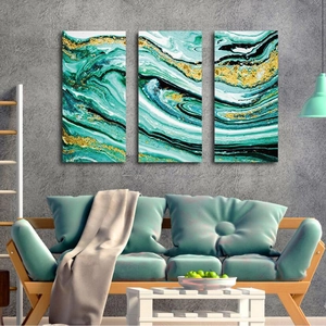 Modern triptych wall art with green and gold fluid marble texture for living room decor