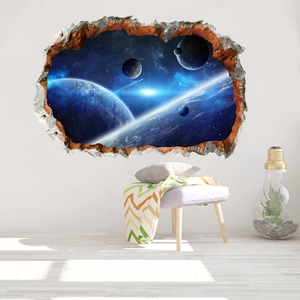 Detailed 3D broken wall effect space sticker featuring deep blue galaxy and planets
