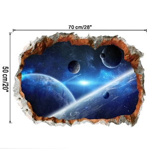 Detailed view of 3D universe wall sticker showing 70x50cm dimensions and starry space
