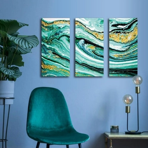 Three-piece modern abstract wall art with emerald green and gold marble fluid patterns