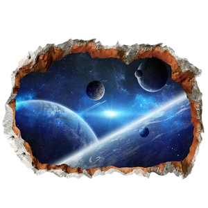 3D outer space wall sticker with broken wall effect showing planets and stars