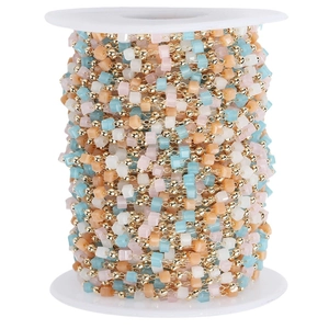 DIY handmade jewelry chain with macaron color square beads and gold metal beads on spool