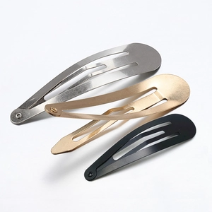 Three sizes of teardrop metal snap clips in silver, gold, and black for DIY hair accessories