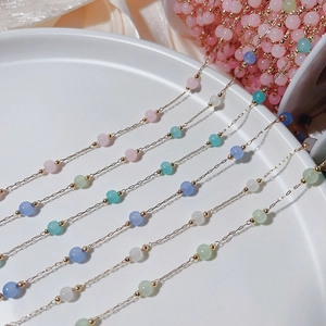 Handmade cat eye stone bead chain with colorful round stones and gold plated copper links