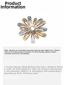 Detail of 20pcs metal water drop BB hair clips in gold and silver ziplock packaging