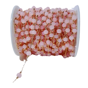 Pink cat eye stone mixed copper bead chain with gold plated links for DIY necklace jewelry