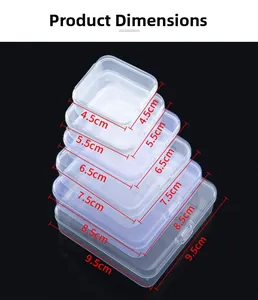 Tableau des dimensions détaillées montrant six tailles de boîtes en plastique PP