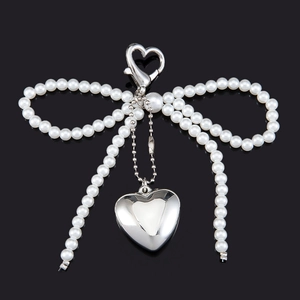 Sweet Artificial Pearl Bowknot Heart Keychain Pendant Alloy Silver Phone Case Charm Bag Hanging Decor DIY Accessories For Women