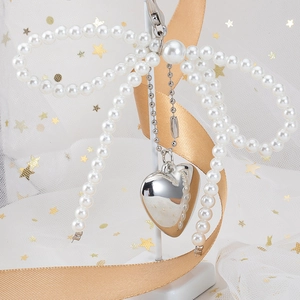 Silver heart pendant with large pearl bow keychain for bags and phone cases