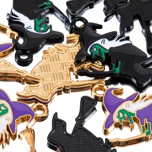 Witch on broom Halloween alloy pendants with colorful enamel for DIY jewelry making