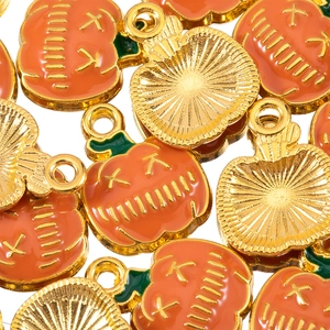Halloween pumpkin alloy pendant with orange enamel finish and gold plated back for DIY jewelry