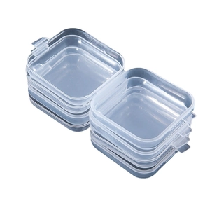 Stack of 6 clear PP plastic storage boxes for jewelry with secure snap closures