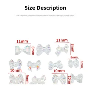 Detailed view of various aurora resin bow charms with measurements for nail art design