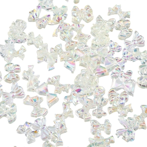 Aurora resin iridescent bow nail art charms with translucent pearlescent finish on white