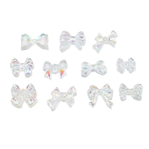 11-piece aurora resin bow charms with rainbow AB coating for DIY nail art and craft design