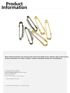 Detailed view of alloy safety pins with multiple hanging loops in golden and silver finish