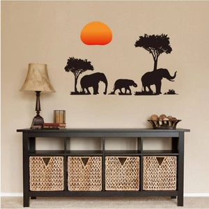 African savanna wall decal featuring black elephant silhouettes and orange sun for home decor