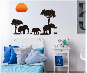 Creative African savanna wall stickers with elephant silhouettes and sunset for home decor