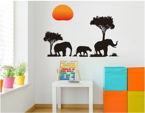 African jungle silhouette wall decal featuring elephants and trees for kids room decor