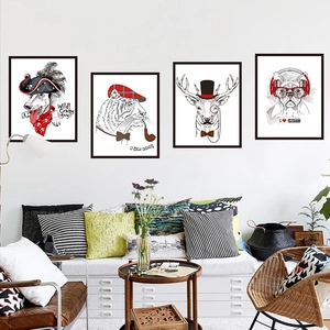 Lot de 4 tableaux d'animaux au style croquis minimaliste avec cadres noirs élégants