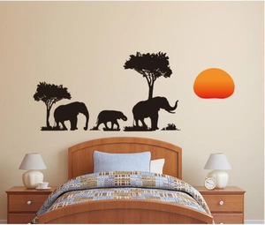 Creative African jungle PVC wall sticker featuring black elephant silhouettes and sunset