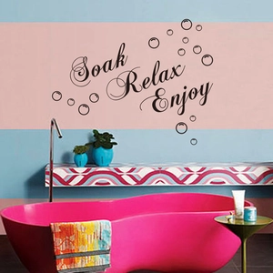 Self-adhesive vinyl wall decal featuring Soak Relax Enjoy text with decorative bubble accents