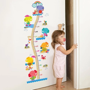 Self-adhesive kids height growth chart wall decal with colorful cartoon elephants and animals