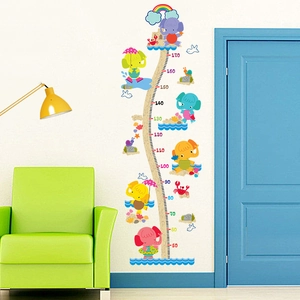 Self-adhesive height chart wall sticker for kids room with colorful elephant and rainbow