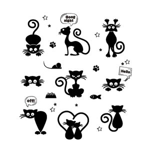 Details von Katzen-Wandstickern mit Kätzchen-Silhouetten und dekorativen Textblasen