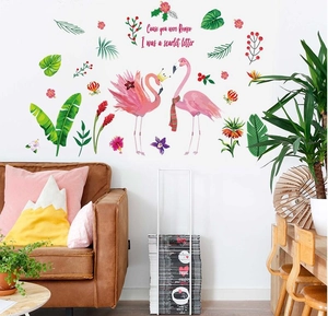 Pink flamingo wall stickers with tropical palm leaves for living room wall decoration