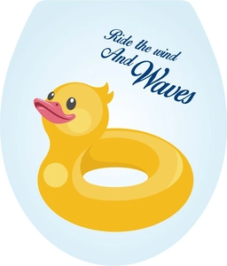 Close-up of yellow cartoon duck sticker with Ride the Wind and Waves text for toilets