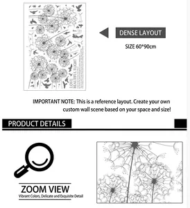 Monochrome dandelion wall stickers with flying birds and LOVE quote mural 60x90cm