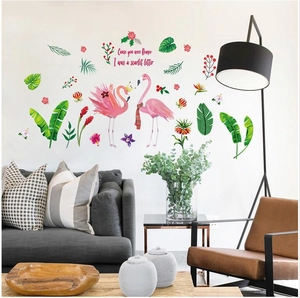 Pink flamingo wall sticker set with tropical palm leaves and aesthetic quote decor