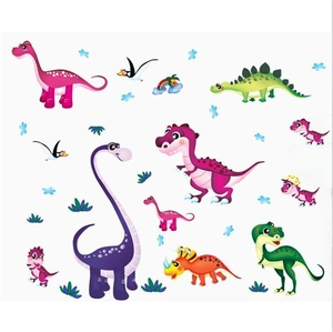 Stickers muraux dinosaures colorés pour chambre d'enfant avec T-Rex et motifs arc-en-ciel